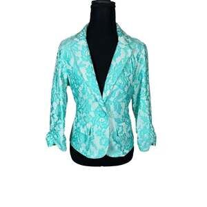 Flirtatious Womans Teal Floral Lace Single Button Blazer Jacket Size Medium